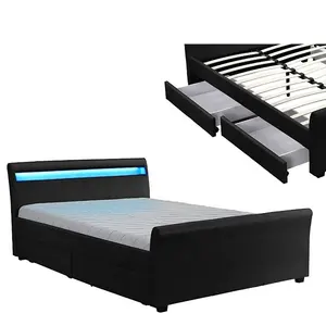 Pabrik grosir double queen king ukuran bingkai kayu modern warna hitam LED tempat tidur kepala tempat tidur kulit 4 laci penyimpanan