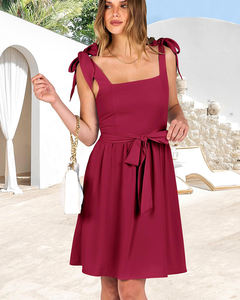 Robe d'été sans manches pour femme 2025, col carré, épaules nouées, <span class=keywords><strong>ceinture</strong></span> à la taille, coupe trapèze avec nœud, robe courte décontractée pour soirée et cocktail - Product Image 1