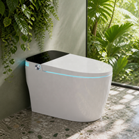 WC intelligent haut de gamme monobloc allongé sans réservoir avec chasse automatique, bidet, siège chauffant, lumière d'ambiance LED bleue et bouton latéral