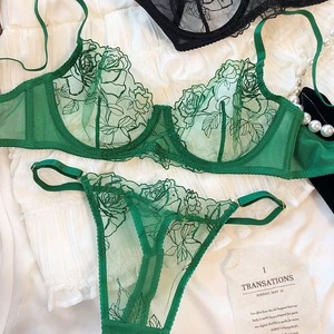 Ensemble de lingerie brodée de roses pour femmes, soutien-gorge à armatures en dentelle verte et string, 2 pièces, sous-vêtements sexy transparents, vêtements intimes pour femmes - Product Image 5