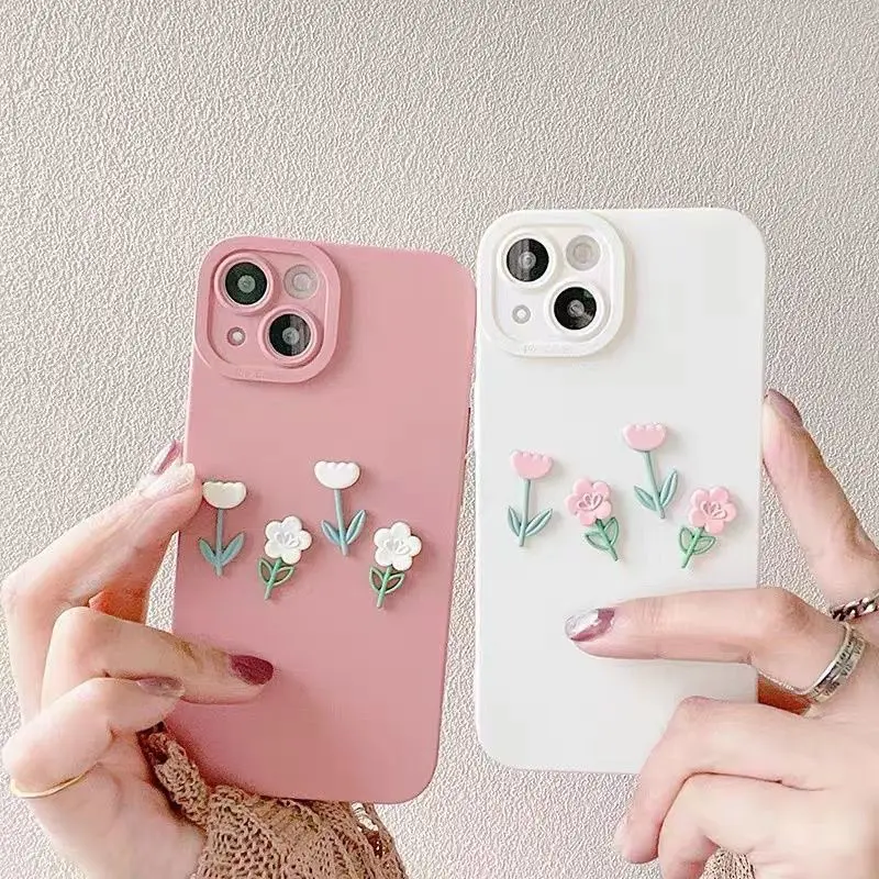 Korean Aesthetic 3D Flower Pink Phone Case For iPhone 15 14 13 12 11 Pro XS Max X XR 7 8 Plus Cute Tulip Silicone Back Cover