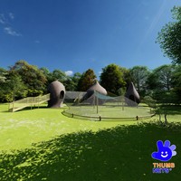 Structure de jeu commerciale en forme de grappin de chêne avec tour de briques, rampe jaune, tunnel en filet, filet circulaire suspendu et équipement de parc bleu sarcelle