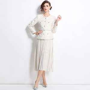 Elegant Women's Temperament Autumn New Set Coarse Flower <strong>Coat</strong>+chiffon Half <strong>Skirt</strong> Two-piece Dress Set - Product Image 3
