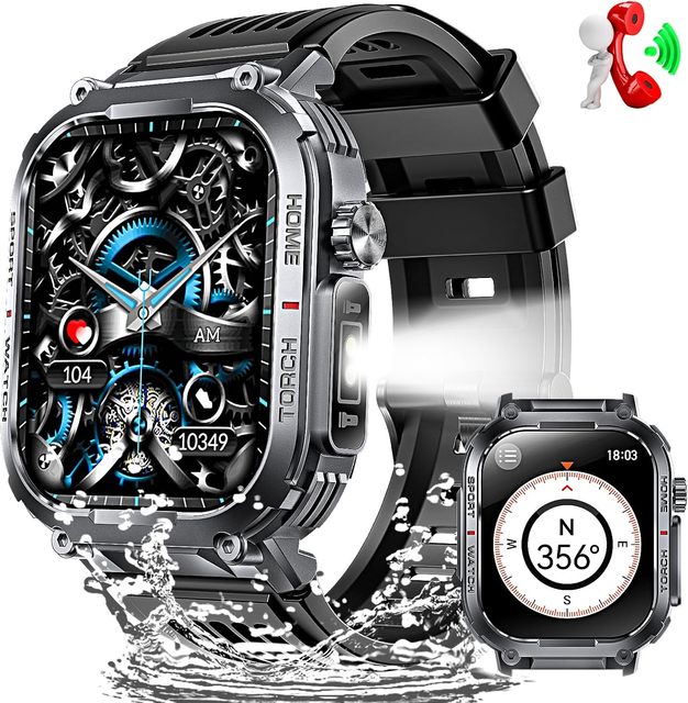 Smart Watches for Men with LED Flashlight&Compass,Bluetooth Call,2.02'' Fitness Tracker,100+ Sport Modes,Heart Rate