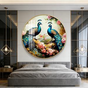 Personalización de Arte Mural 3D, Decoración de Pared para Sala de Estar, Pintura Circular de Pavo Real en Porcelana de Cristal con Luces LED - Product Image 2