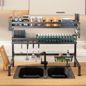 Home Items Organizer Double Tier Stainless Steel Multifunction Non-Folding Standing Type <b>Dish</b> Drainer Sink <b>Dish</b> Storage <b>Rack</b> - Product Image 5