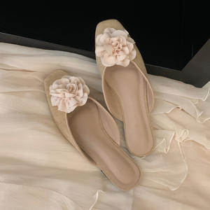 Demi-chaussons d'été à fleurs pour femmes, sabots mignons, chaussures plates en <span class=keywords><strong>daim</strong></span> à bout carré fermé pour femmes <span class=keywords><strong>Mules</strong></span> - Product Image 3
