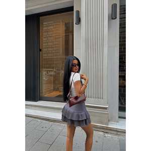 Spring Modern Riley Mini Pleat <b>Skirt</b> Smoke Grey XS <b>Fur</b> Spandex Empire Waistline Club Style Natural Waistline Plain Print Wasted - Product Image 3