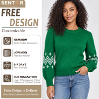Pull de Noël personnalisé pour femme, col rond, manches bouffantes, motif Fair Isle, tricoté, faible MOQ, conception gratuite (OEM/ODM)