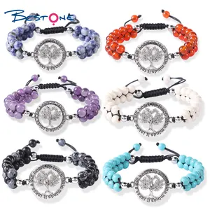 Bestone Natural Stone With Tree Of Life Charm Weave Double Layer Crystal Beaded Bracelets Jewelry For Women