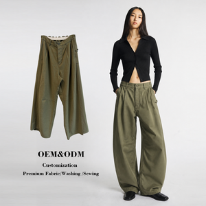 Jeans da <span class=keywords><strong>Donna</strong></span> OEM ODM a Vita Alta, Gamba Larga Plissettata, Elastico Posteriore, Tasche <span class=keywords><strong>Cargo</strong></span> Multiple, in Denim Verde Oliva - Product Image 1