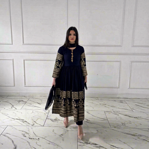 Ensemble Kurta bleu marine brodé, tenue assortie mère-fille, style indien pakistanais, avec dupatta, pour fêtes et mariages - Product Image 1