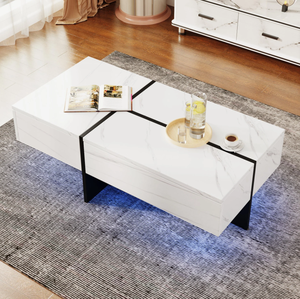 Tavolino da Caffè Lucido con Illuminazione LED e Cassetti <span class=keywords><strong>Effetto</strong></span> <span class=keywords><strong>Marmo</strong></span> Bianco Tavolo Centrale per Soggiorno - Product Image 5