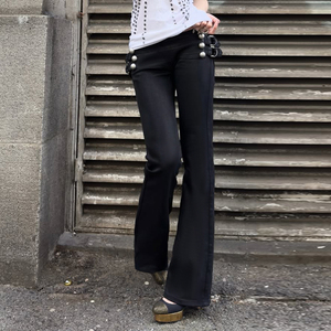 Pantalon évasé noir en maille pour femme avec détails boucle, taille basse, poches zippées, coupe régulière, respirant, écologique, style gothique, été - Product Image 3