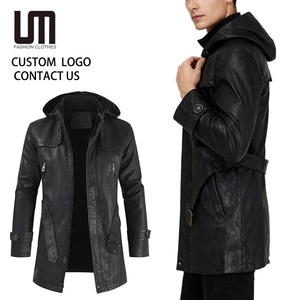 Giacca da moto da <span class=keywords><strong>uomo</strong></span> invernale all'ingrosso con Logo personalizzato-<span class=keywords><strong>Trench</strong></span> in <span class=keywords><strong>pelle</strong></span> sintetica con cappuccio tinta unita (capispalla antivento caldo) - Product Image 1