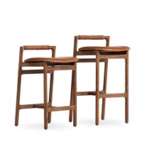 Tabouret de bar en bois massif nordique, chaise de comptoir minimaliste moderne vintage de style mid-century avec dossier en cuir pour îlot de cuisine