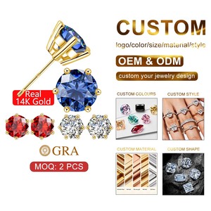 Bijoux fins en gros, <span class=keywords><strong>saphir</strong></span> synthétique, rubis, corindon, cadeau, <span class=keywords><strong>or</strong></span> 14 carats, style minimaliste, boucles <span class=keywords><strong>d</strong></span>'oreilles à 6 griffes pour hommes et femmes - Product Image 1