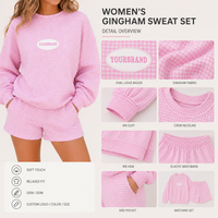 Ensemble de survêtement et short en coton rose à carreaux, col montant, coupe oversize, avec logo personnalisé pour femme - Fabricant