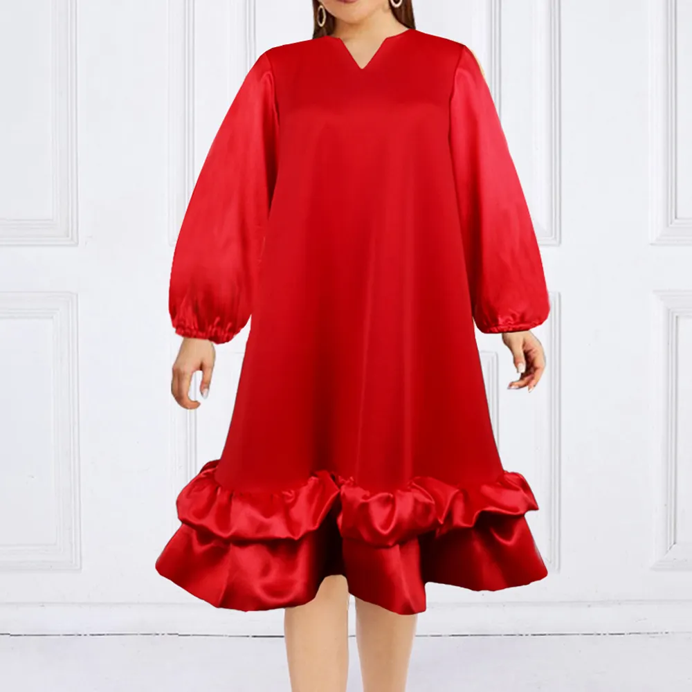 Plus Size Women Red Long Sleeve Ruffles Vintage Loose Knee Length Casual Dress