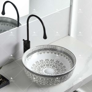Yeson Luxus Design Runde grau Blumenmuster Porzellan hand gefertigte Waschbecken Badezimmer Keramik Arbeits platte Kunst Waschbecken für Hotel - Product Image 1