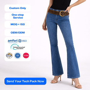 Jean évasé en denim personnalisé pour femme SHENGFU, taille haute, coupe ajustée, en coton extensible, style vintage, élégant et décontracté, OEM - Product Image 1