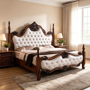 Victorian King Size Upholstered Bed Frame with Faux Leather Tufted Headboard and Mahogany Wood Frame - Product Image 4