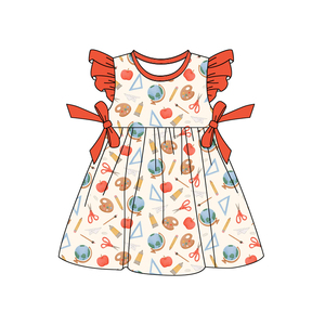 Vestido GSD3477 Personalizado para Niña, Estilo Veraniego, Estampado de Regreso a Clases, Manga con Volantes, Vestido al por Mayor - Product Image 1