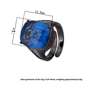 Fashion Jewelry Eco-friendly Copper Black Gold Plated 14*16MM Blue Cubic Zirconia Non Tarnishing <b>Rings</b> for Women - Product Image 2
