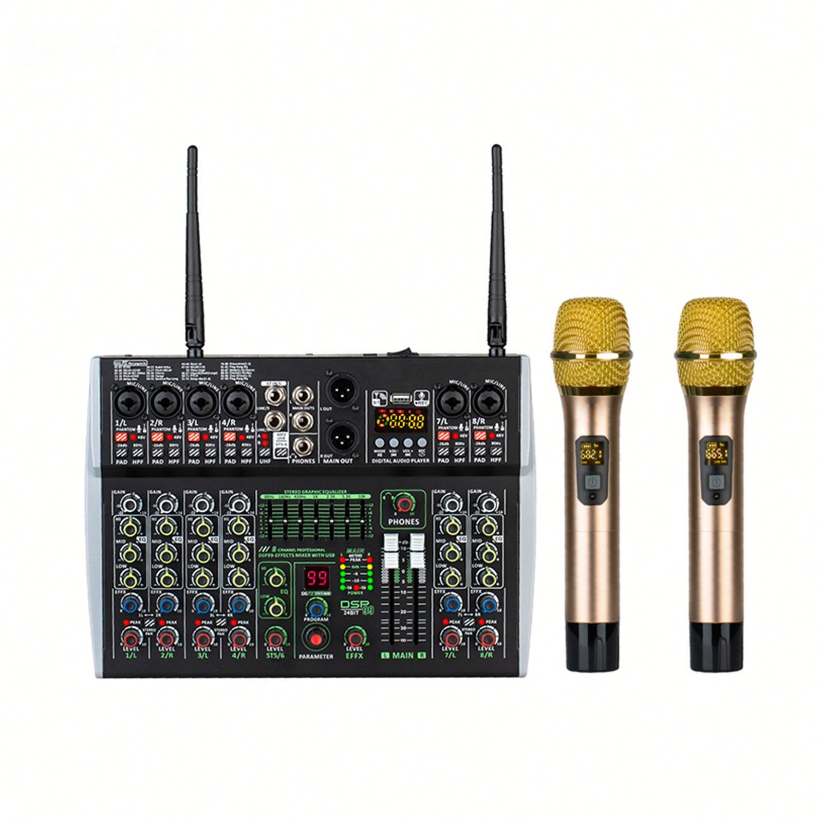 LX402DSP/LX602DSP + 2mic с UHF микрофоном небольшой аудиомикшер консоль с синим зубом звуковая карта 4/6 каналов 99DSP/MP3/7-диапазонный EQ