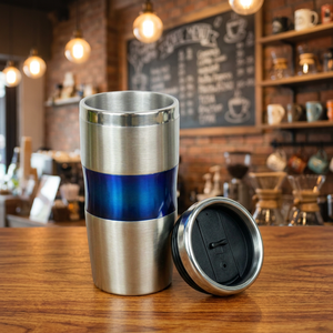 Stainless Steel Tumbler With Blue Band <b>Double</b> <b>Wall</b> Vacuum Insulated Travel <b>Mug</b> With Lid - Product Image 4