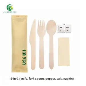 6-in-1 Content Knife And Fork Spoon Pepper Salt Napkin Eco Friendly Ab Quality Disposable Birch Wooden Cutlery Set