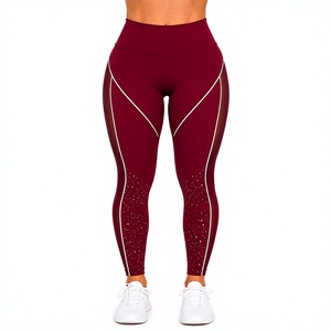 <b>Women</b>’s Burgundy High Waist Athletic <b>Leggings</b> with Mesh Side Panels Reflective Piping and Rhinestone Detail - Product Image 3