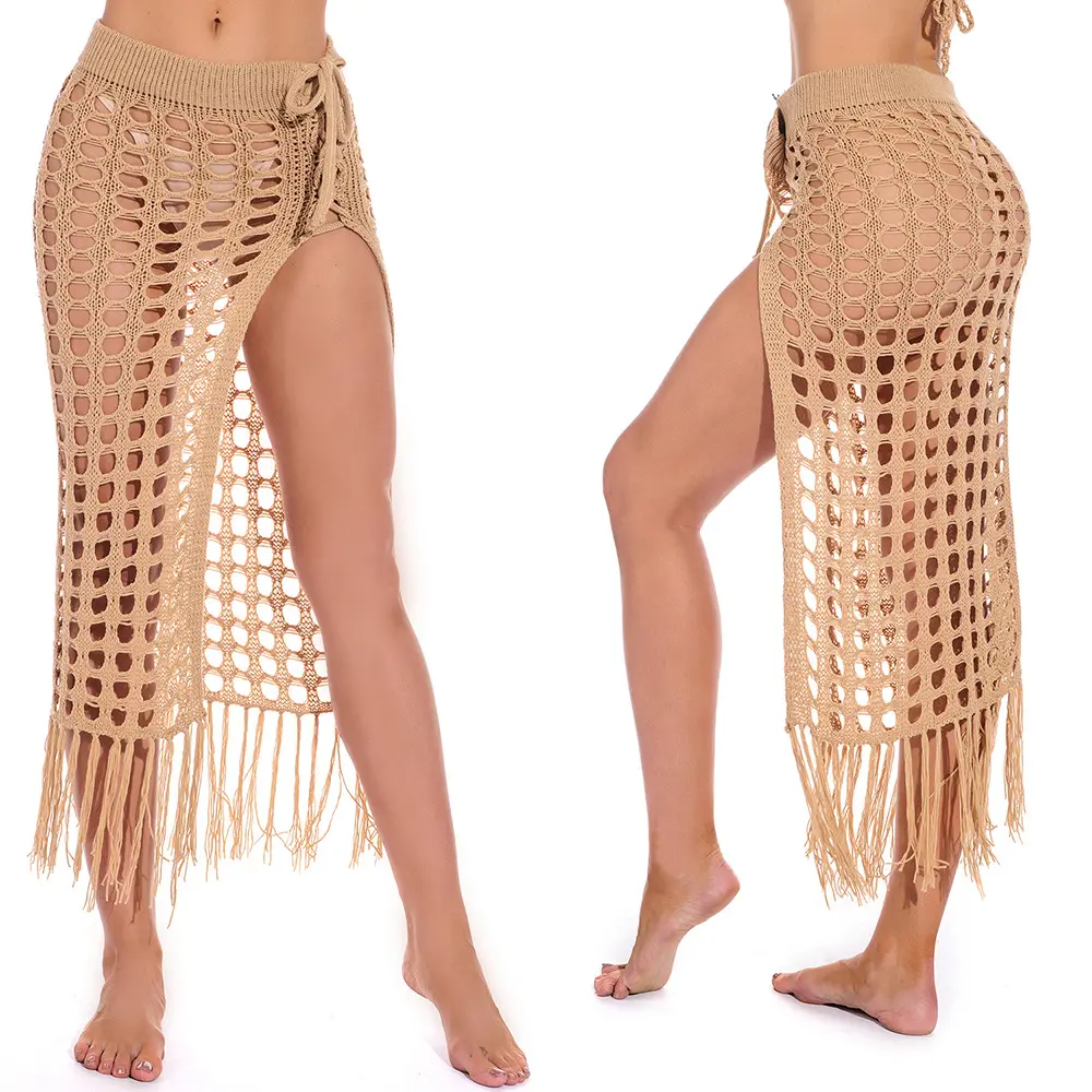 Women Sexy Hollow Out Mesh Tassel Skirts Beach Crochet Cover Up Summer Fish Net Swimsuit Wrap Sheer Maxi Sarong Swimwear