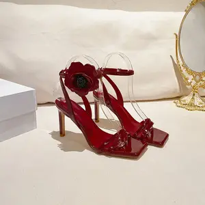 2023 new style luxury red designer heels for women fashion square toe 8cm thin heels ankle flower strap ladies heels