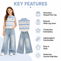 Ensemble 2 pièces tendance pour filles, haut polo rayé sans manches, pantalon large en jean à imprimé étoile, tenues décontractées à la mode européenne pour enfants