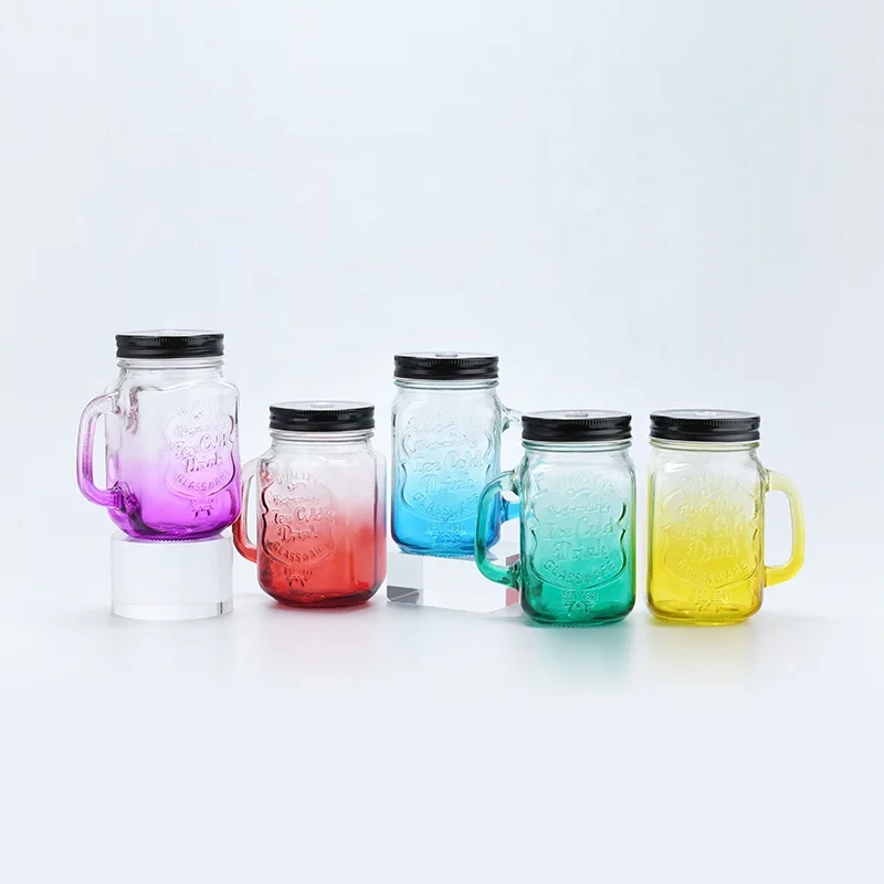 Old fashioned drinking glass set high quality 400ml 500ml glass mason jar mugs with handle and tin screw on lids