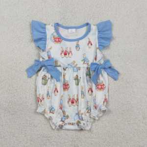 Combinaison pour bébé SR3833 RTS, imprimé lapin bleu de Pâques, manches volantées, ensemble pour enfant, vente en gros - Product Image 1