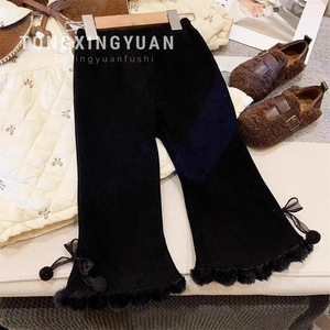Tongxingyuan Girls Knitted Wide Leg Pants With Bow And Lace Trim Winter Casual Pants For Children Solid Color Cotton Fabric - Product Image 4