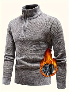 Suéter de punto para hombre con cuello simulado y cremallera de un cuarto, forro polar, color liso, para uso casual en otoño e invierno - Product Image 2