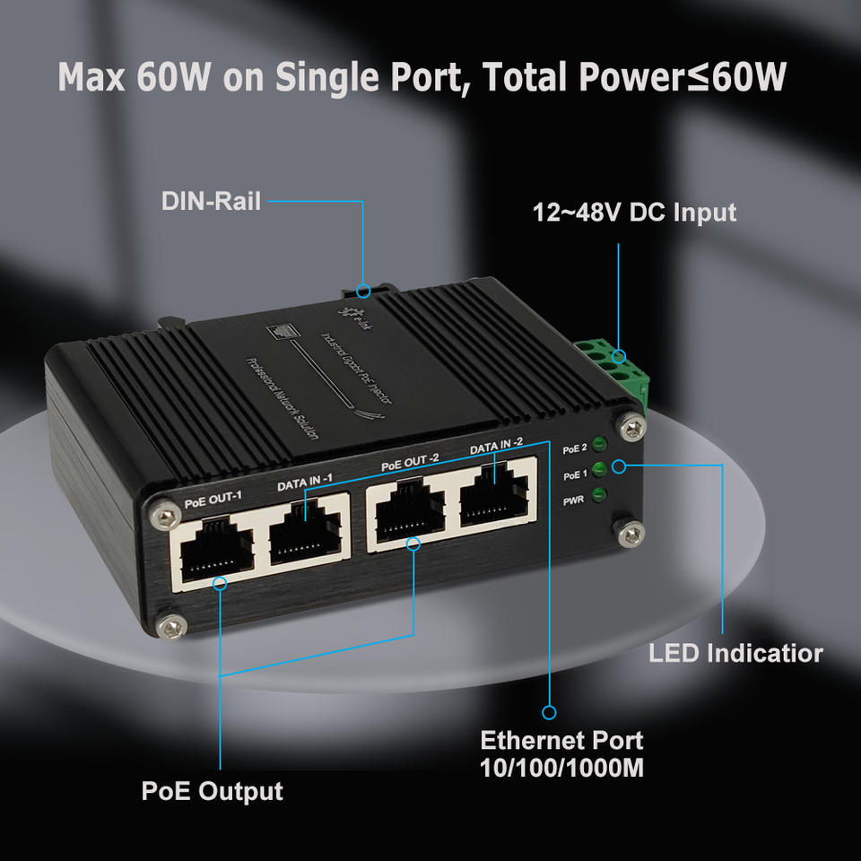 IEEE802.3af/at E-link 12-48V DC Industrial 2-port Gigabit PoE+ Injector DIN-rail & Wall Mounting