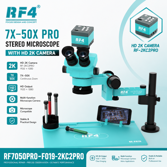 RF4 7050Pro-FO19 2K HD Industrial Microscope Kit IP55 Protection High Accuracy for Semiconductor Inspection IC Chip Analysis PCB