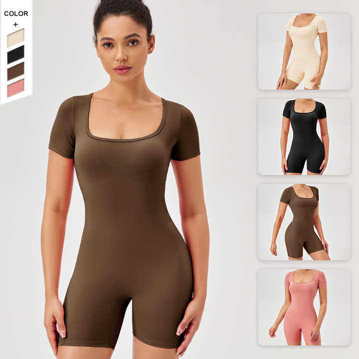 2024 Women's Nude Yoga Shorts square Neck Slim Fit Tight Quick Dry Fitness Jumpsuit  Short Sleeves