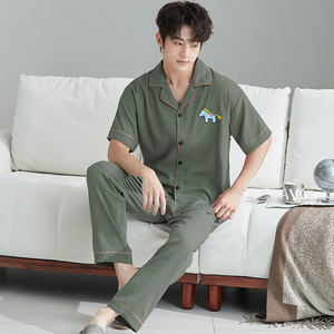 Vêtements de nuit pour hommes, chemises à manches courtes avec <span class=keywords><strong>pantalon</strong></span> long, vêtements de détente classiques, ensemble de <span class=keywords><strong>pyjama</strong></span> en gros - Product Image 4