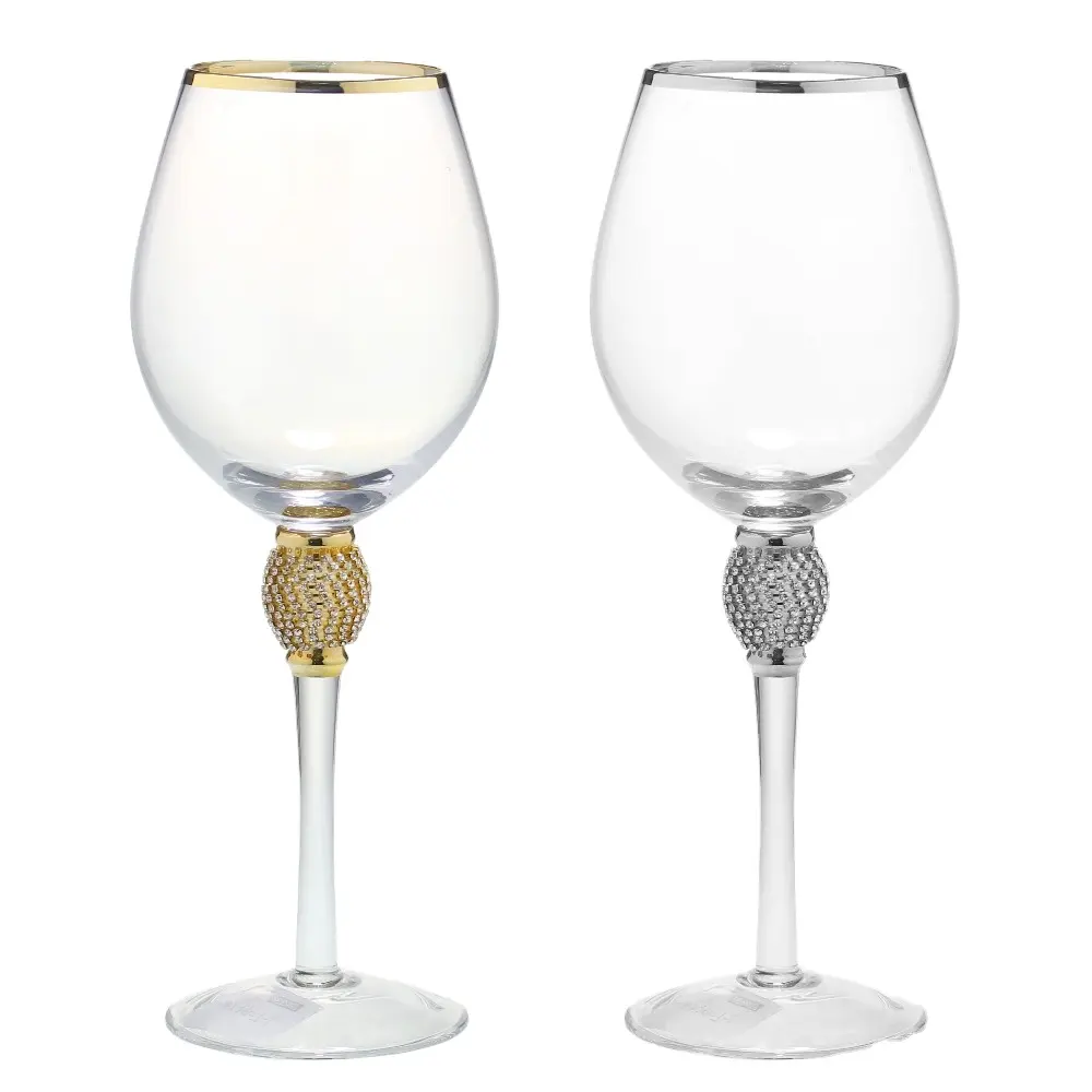 SXGC handmade hot sales gold and silver rim glass with diamond ball long stem decor for wedding party