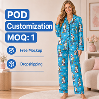 Pyjama personnalisé en polyester bleu ciel avec col cranté et motif pingouin pour femme, collection Noël, livraison directe (POD), MOQ 1 pièce