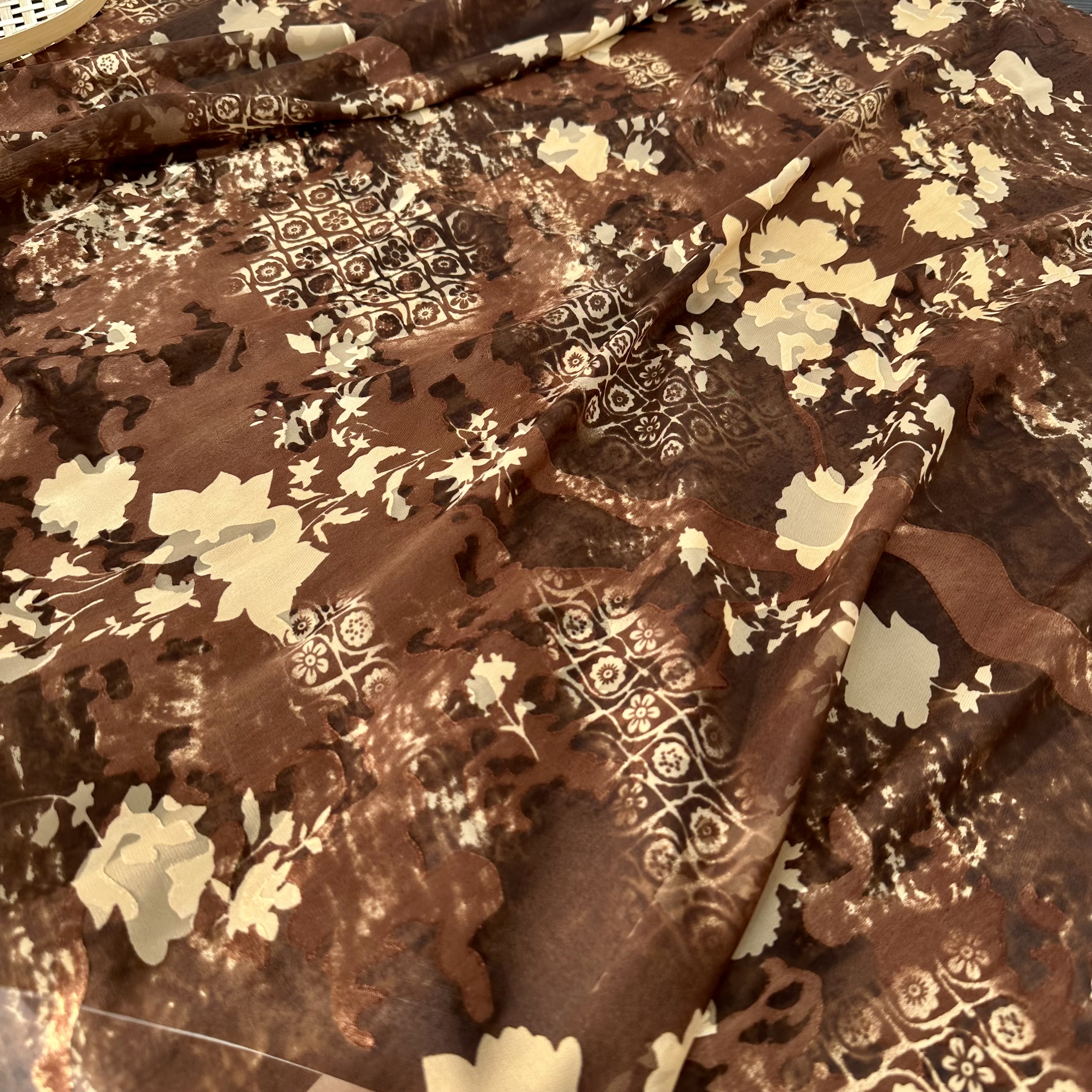 Brown Vintage Floral & Geometric Burnout Velvet Fabric, Retro Pattern Sheer Velour for New Chinese Style Clothing