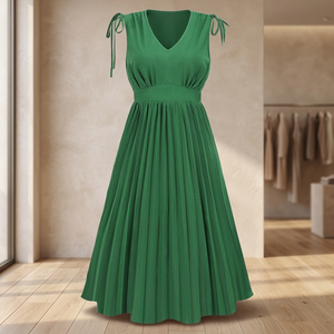 Women's Green Sleeveless V-Neck Floor-Length Eco-Friendly Chiffon Woven Formal Summer <b>Dress</b> with Pleated Hem Empire Waist <b>Loose</b> - Product Image 3