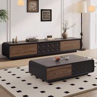 Ensemble Meuble TV et Table Basse Luxe Léger en Noyer Noir avec Plateau en Dalle de Roche, Grandes Compartiments de Rangement