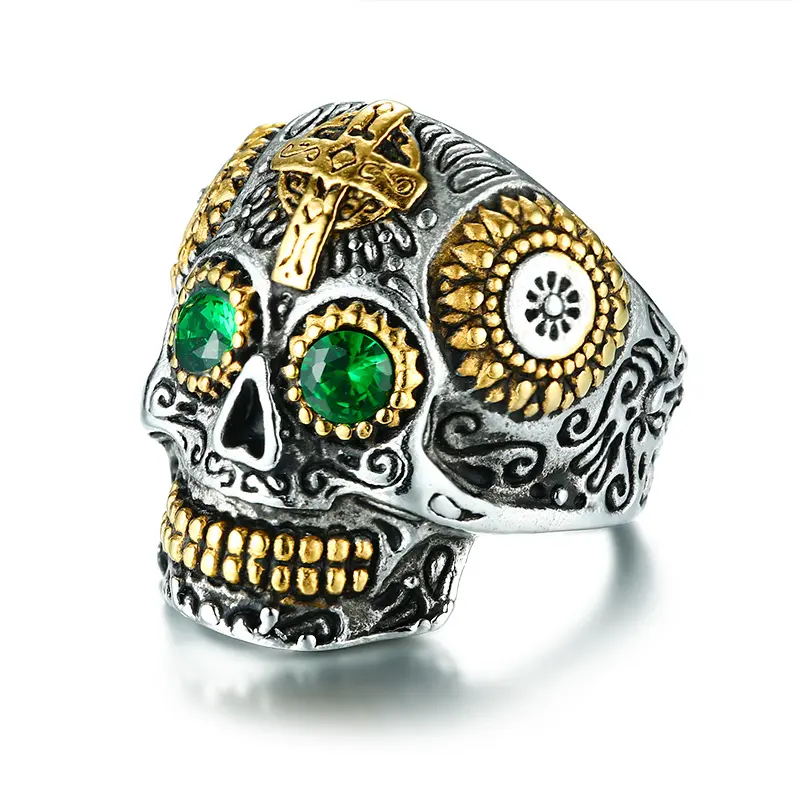 Men Punk Mexican Sugar Skull Green Eyes Gold Color Teeth Ring Gothic Cross Rhinestones Stainless Steel Biker Male Jewelry