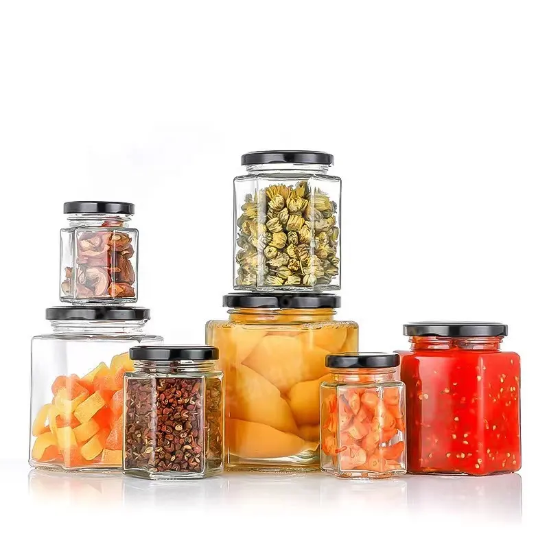 45ml-730ml hexagonal glass jar hexagonal sauce and honey jar hexagonal jam transparent sealed jar with lid